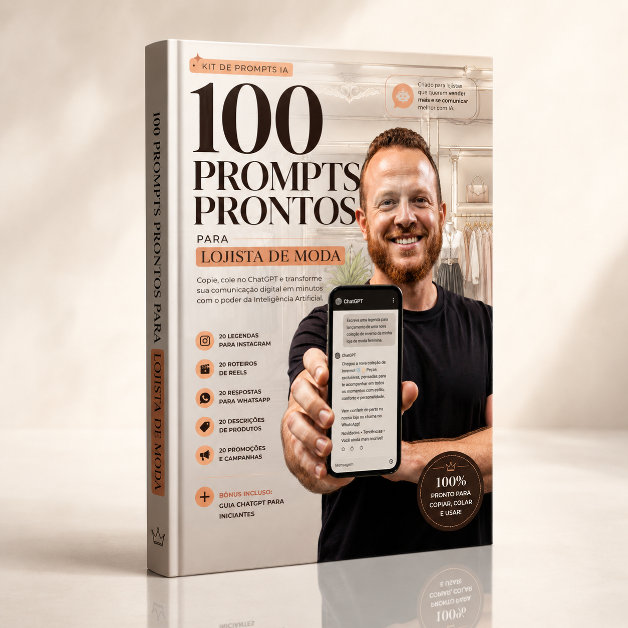 Mockup do Kit de 100 Prompts Prontos para Lojista de Moda